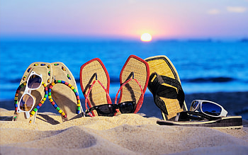 Summer Time, sea, oceans, sand, sunsets, beaches, beautiful, summer, sunglasses, clouds, nature, sky, slippers, water HD wallpaper