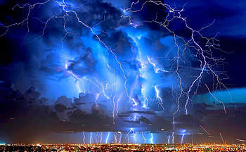 VIOLENT NATURE, lightning, reflection, city, nature, lake, multiple HD wallpaper