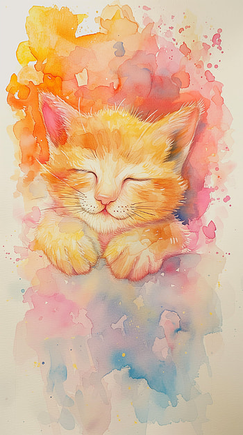 Sleeping Cat Watercolor, cat, sleeping, watercolor, artistic, orange (Color) HD phone wallpaper