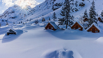 Malyovitsa Huts, Rila Mountains, Bulgaria, trees, landscape, cabins, snow, mountains HD wallpaper