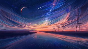 Landscape Moon Power Line River Sky Artistic Minimalism HD wallpaper