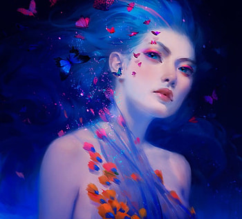 blue dust, blue, butterflies, girl, tien bao HD wallpaper