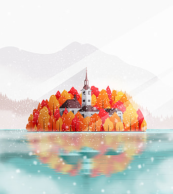 Trees, Art, Snow, Building, Island, Temple HD phone wallpaper