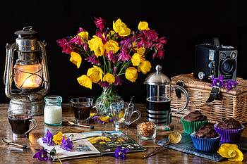 Still life, Lantern, Pancakes, Bouquet, Coffee pot, Book HD wallpaper