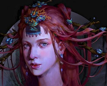 Red Moon, art, girl, beauty, woman, moon, fantasy, red, sina, luna, redhead HD wallpaper
