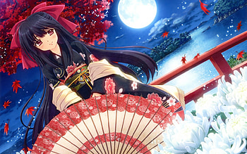 Moonlight, night, blue, chrisanthemum, umbrella, kimono, moon, flower, autumn, japanese, white, full, nishimata aoi, girl, anime, red, luna, chrysanthemum, manga HD wallpaper