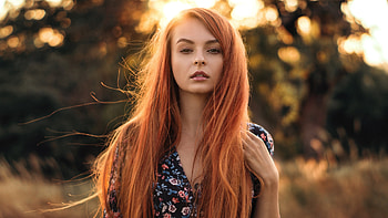 Redhead Girl Model Is Wearing Flowers Printed Black Dress Standing In Sunlight Blur Bokeh Background Girls HD wallpaper