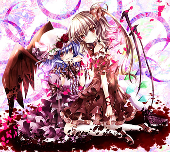 Scarlet Sister, cute, red eyes, dress, rose, sitting, sister, thighhighs, cherry blossom, rose hair, female, bow, bat wings, sexy, wings, sweet, two girls, kneehighs, smile, ribbon, hot, kneeling, ice wings, anime girl, remilia scarlet, cool, touhou, headdress, flowers, blush, hair bow, flandre scarlet HD wallpaper