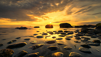Lakescape Sunset , sunset, lake, rocks, nature HD wallpaper