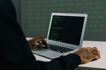 A focused adult working on a laptop demonstrates modern cybersecurity and coding skills indoors. HD wallpaper