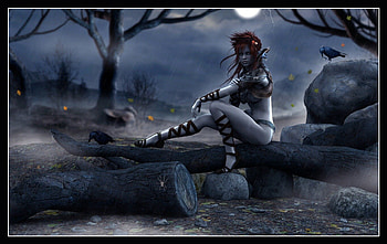 **Gothic Crows**, scenes, night, birds, spider, digital art, dress, 3D and CG, twilight, sitting, animals, trees, female, gothic, timber, magic, woods, attractions in dreams, forests, rocks, dark, creative pre-made, love four seasons, crows, fantasy, lovely, hair HD wallpaper