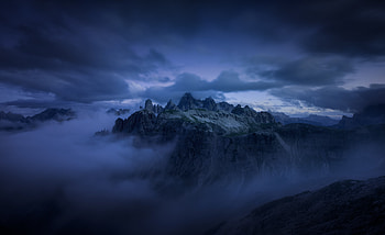 Mountains Cliff Covered Under Fog Mist , mountains, fog, mist, nature, blue HD wallpaper