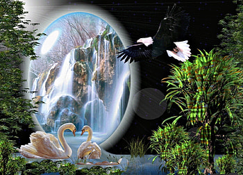 FANTASY'S NATURE, birds, nutral scene, gorgeous, beautiful, swans, fantasy, animals, greens, mountains, lovely, natural scene HD wallpaper