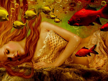 Under the sea, fantasy, underwater, fish, woman, sleep HD wallpaper