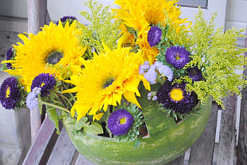 Watermelon Basket Floral, per, floral, perfect, basket, party, bright, always, together, sunshine, complementary, entertainment, watermelon, small purple flowers, arrangement, summer, fashion, centerpiece, yellow, forever HD wallpaper