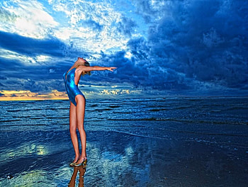 TOGETHER IN BLUE, blue, bikini, sky, woman, ocean HD wallpaper