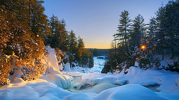 Ragged Falls, Algonquin Provincial Park, snow, river, ontario, winter, trees, sky, canada HD wallpaper