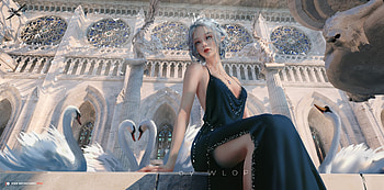 Black swan, frumusete, black, bird, art, gorgeous, girl, lebada, dress, superb, pretty ncess, fantasy, wlop, swan, pasari HD wallpaper