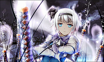 Konpaku Youmu, headband, uniform, cute, shirt, short hair, blonde hair, white, sword, blue eyes, seifuku, kawai, girl, anime girl, anime, cool, weapon, touhou, katana HD wallpaper