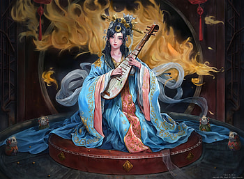 Princess, blue, frumusete, kimono, asian, orange, instrument, fantasy, luminos, mucuzi HD wallpaper