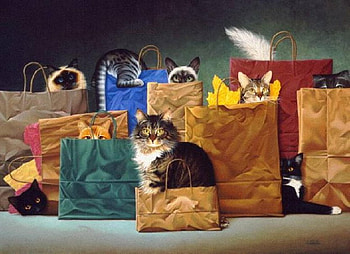 Kittens in bags, kitten, bag, painting, art, cat, pet HD wallpaper