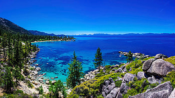 Lake Tahoe Summerscape, Nevada, blue, trees, sky, water, rocks, usa, stones HD wallpaper