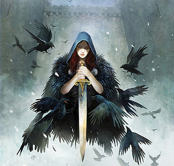 Raven Widow, sword, , girl, fantasy, abstract, widow, fortress, warrior, ravens HD wallpaper