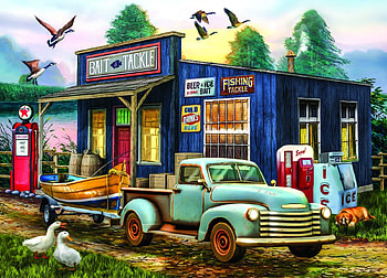The Early Bird Catches The Fish, artwork, shop, birds, gasoline, painting, car, cabin, vintage HD wallpaper