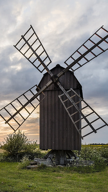 Sunset windmill silhouette, Oland's scenic wonders, Windows 10 spotlight, Swedish countryside HD phone wallpaper