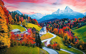 Bavarian Alps, peaks, landscape, autumn, trees, road, church, sunset HD wallpaper