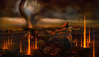 Female Catastrophe, art, girl, beautiful, tornado, woman, digital, fantasy, pretty, fire, storm, female HD wallpaper