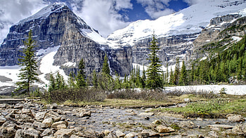 rocky stream by a mountain, snow, clouds, trees, rocks, stream, mountain HD wallpaper