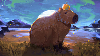 Moonlit Capybara Under Aurora and Mountain Glow -, moonlight, moon, mountain, aurora borealis, Animal, capybara HD wallpaper