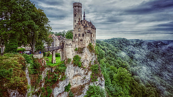 Lichtenstein Castle, Germany, sky, rocks, landscape, clouds, trees, mountains HD wallpaper