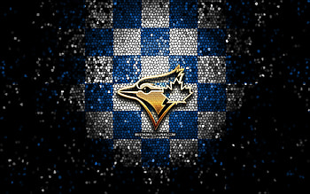 Toronto Blue Jays emblem, glitter logo, MLB, blue white checkered background, american baseball team, Major League Baseball, mosaic art, baseball, Toronto Blue Jays HD wallpaper