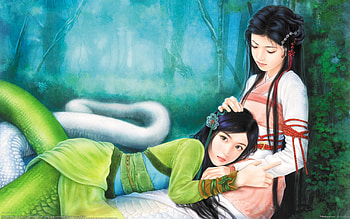 Eurypholis Major and Bai She, snake, dreamer, cute, beauty, cg, , lips, female, wen chen yen, art, digital painting, gorgeous, girl, fantasy, pretty, love, face, lovely, hair, eye HD wallpaper