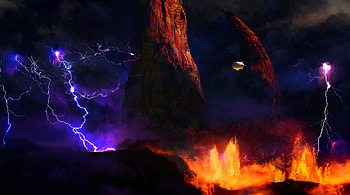 Art, Rocks, Lava, Airship HD wallpaper