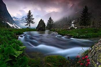 Fast Flowing River, river, grass, rock, gray, green, clouds, trees, nature, flowers, sky, mountains, water HD wallpaper