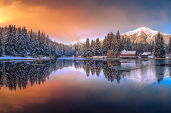 keltendorf austria, trees, winter, houses, lake HD wallpaper