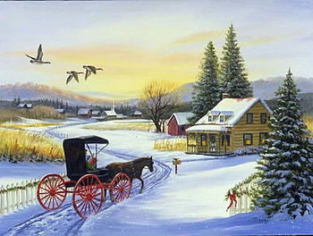 Winter Christmas, winter, horse, bird, art, treee, painting, snow, cottage, sunset HD wallpaper
