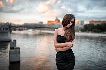Black Dress Half Face Covered With Hairs City Lake, black-dress, girls, model HD wallpaper