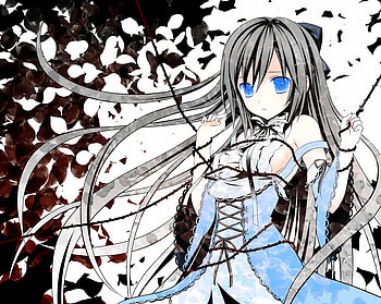 anime girl, blue, chibi, white, black, anime, pretty, petals, cute HD wallpaper
