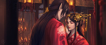 Fantasy couple, asian, man, lovers, girl, xiaofan zhang, fantasy, red, couple, luminos HD wallpaper