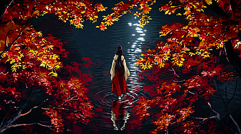 Inuyasha - Kikyo priestess walking into the moonlit lake with fall trees, Anime, Kikyô (InuYasha) HD wallpaper