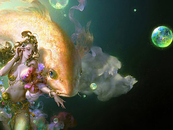 Lucky goldfish, lucky, hgjart, frumusete, art, peste, girl, summer, huang guangjian, fantasy, goldfish, green, yellow, luminos, bubble, water, vara HD wallpaper
