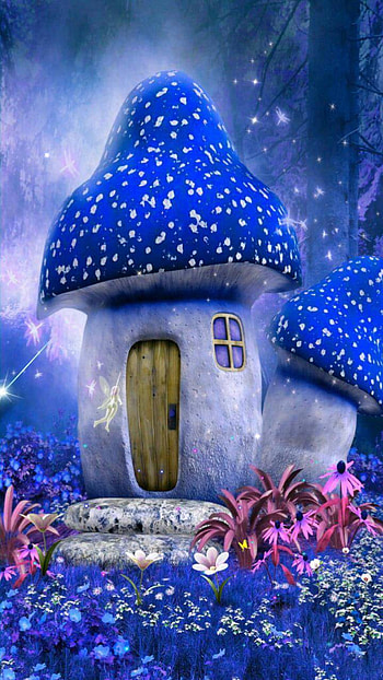 Fairy Cottage, blue, mushroom, flower, cottage, fairy, forest, fantasy, house HD phone wallpaper