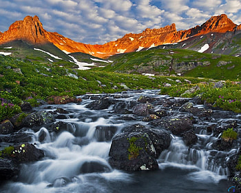 Mountain Stream in the Spring, clouds, stone, nature, grass, spring, mountains, water HD wallpaper