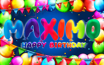 Happy Birtay Maximo, , colorful balloon frame, Maximo name, blue background, Maximo Happy Birtay, Maximo Birtay, popular american male names, Maximo concept, Maximo HD wallpaper