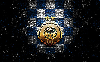 HJK FC, glitter logo, Veikkausliiga, blue white checkered background, soccer, finnish football club, HJK FC logo, mosaic art, football, Helsingin Jalkapalloklubi, HJK Helsinki HD wallpaper