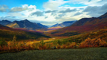 Tombstone Territorial Park, California, hills, clouds, autumn, trees, landscape, ountains, sky, usa, mountains HD wallpaper